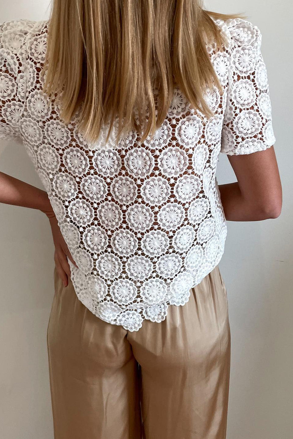 White Crochet Lace Hollowed Short Sleeve Top