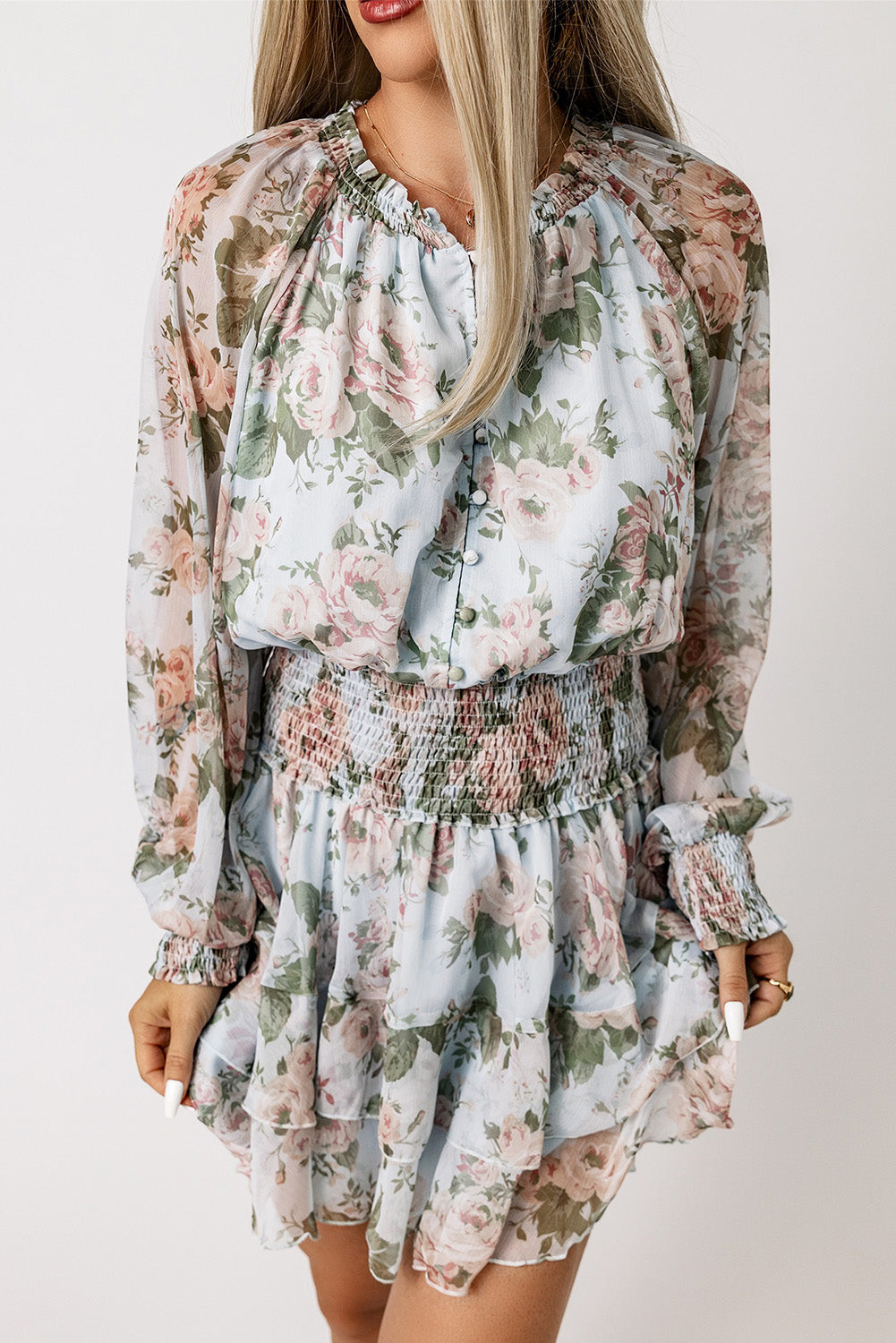 Green Floral Print Tiered Ruffled Shirred High Waist Mini Dress