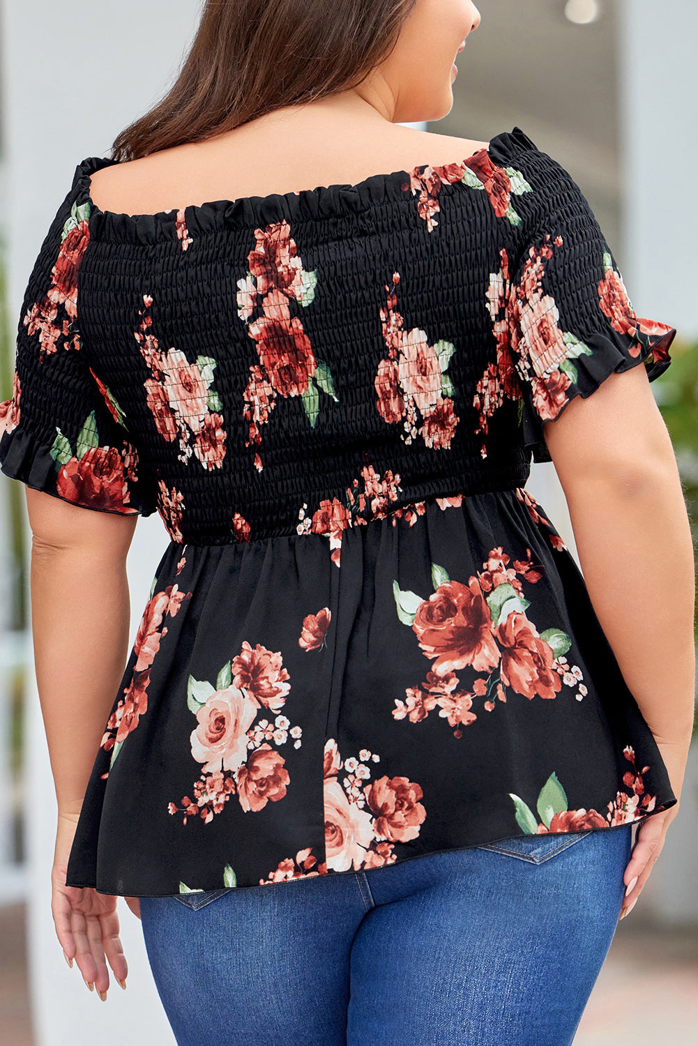 Black Floral Smocked Off Shoulder Plus Size Blouse