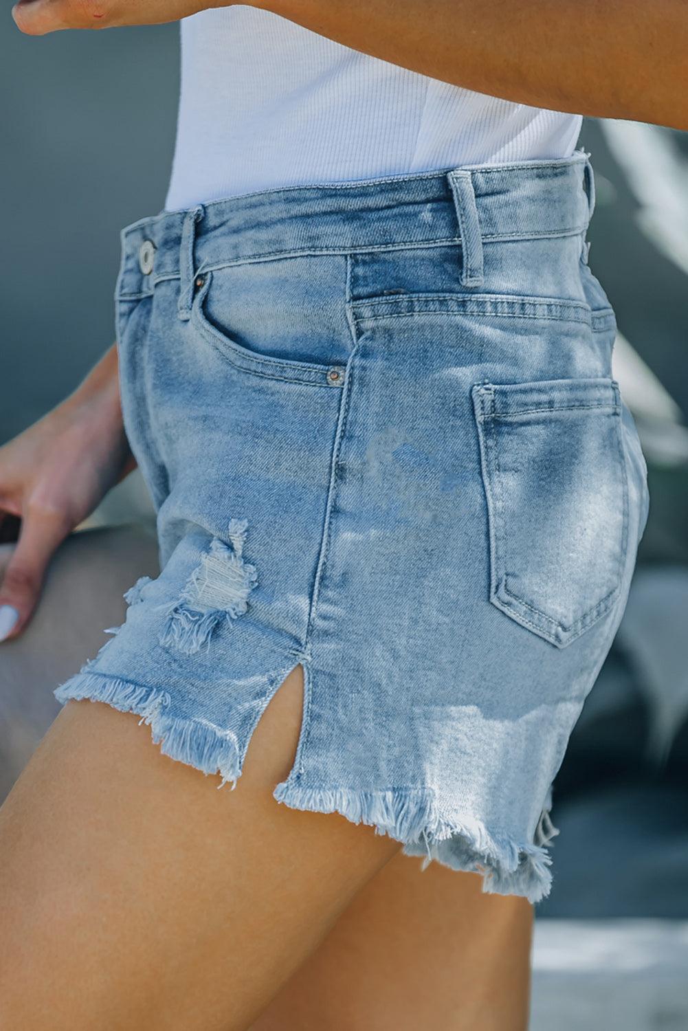 Light Blue Distressed Ripped Denim Shorts with Pockets