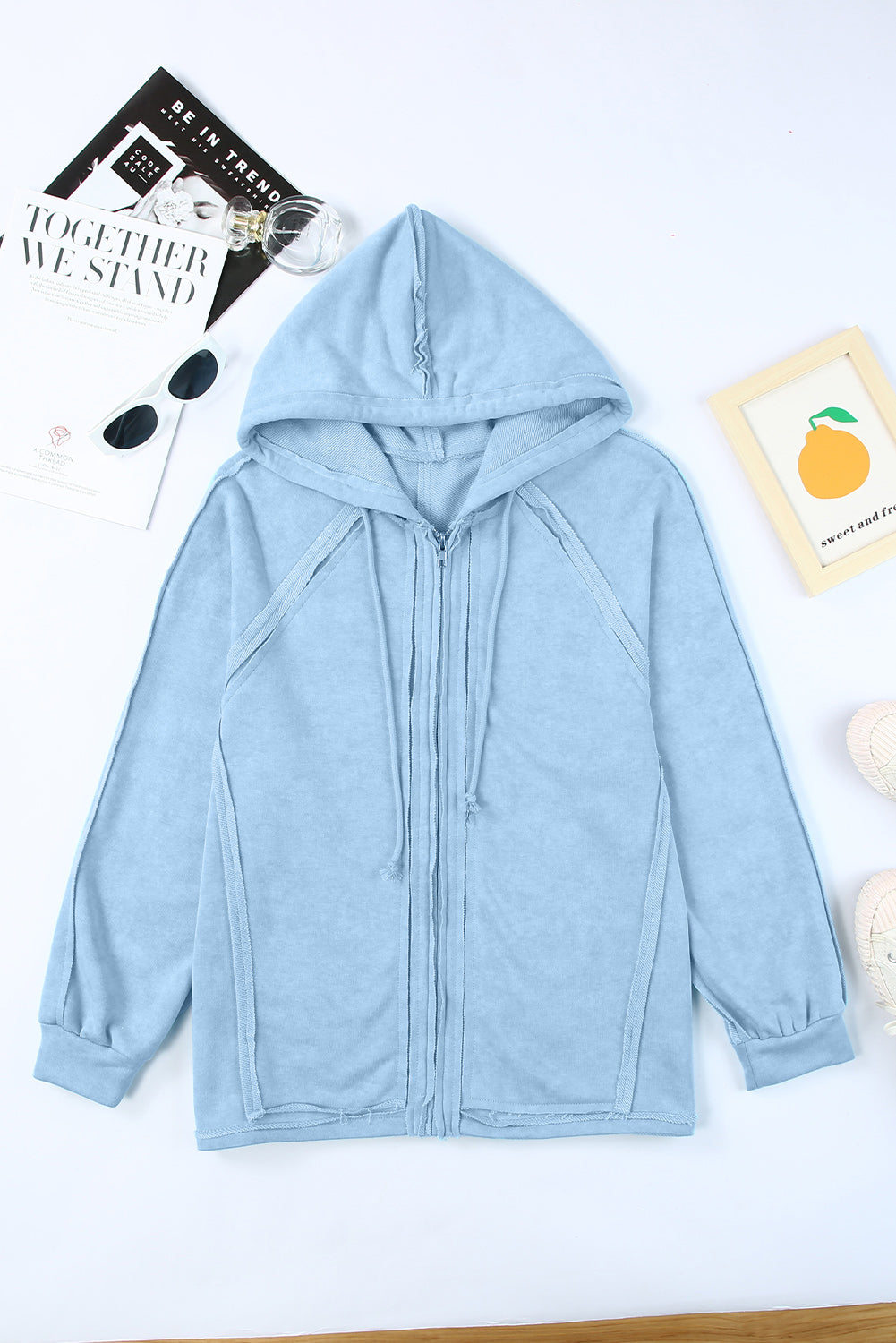 Sky Blue Solid Color Oversized Zip Up Hoodie with Pockets
