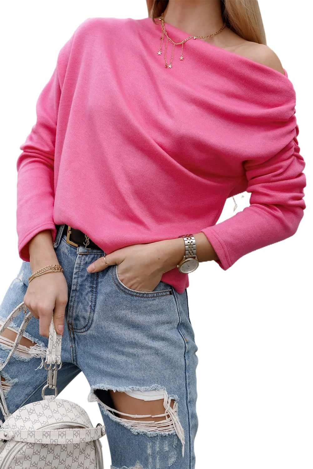 Rose Solid Color Cold Shoulder Long Sleeve Top