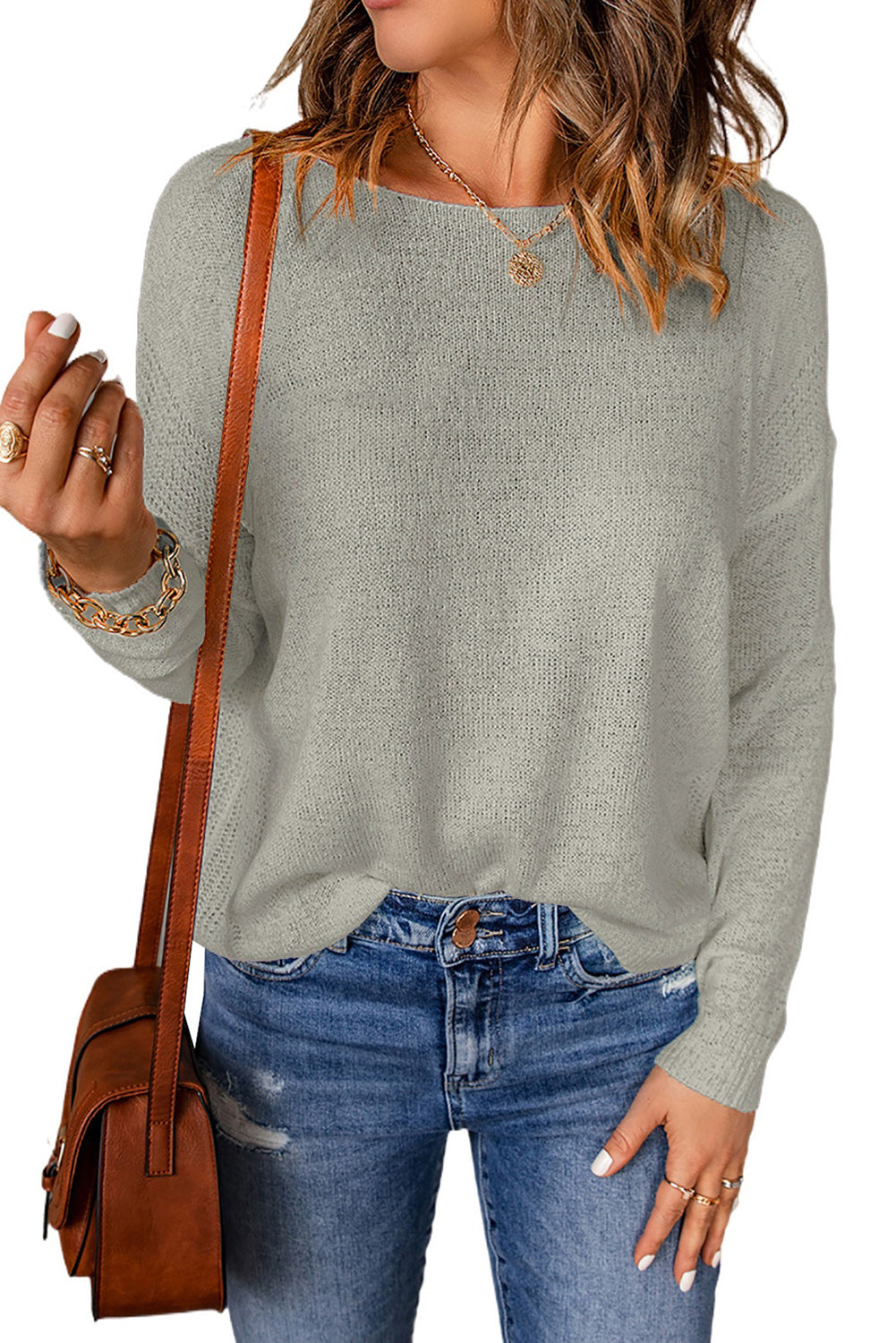 Apricot Solid Drop Shoulder Pullover Sweater