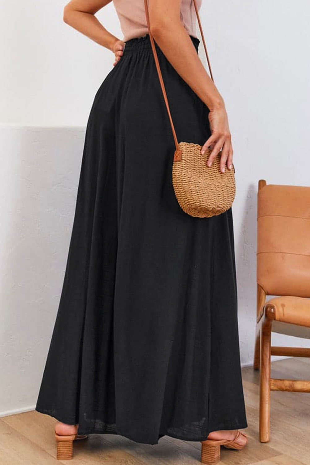 Beige Drawstring Smocked High Waist Wide Leg Pants
