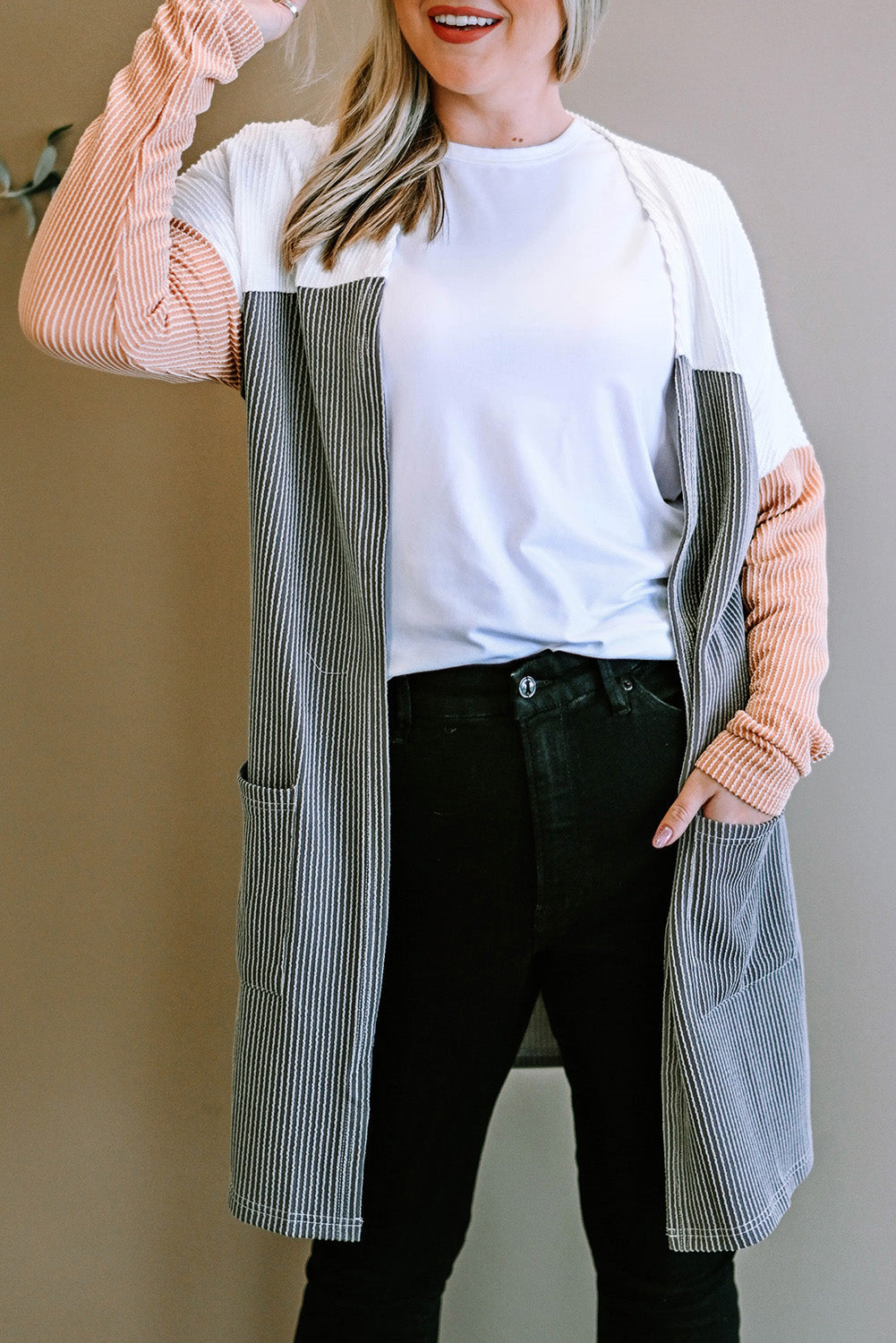 Gray Corded Colorblock Open Front Cardigan