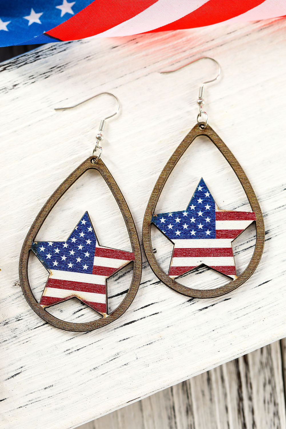 Red American Flag Heart Shape Hollowed Wood Drop Earrings