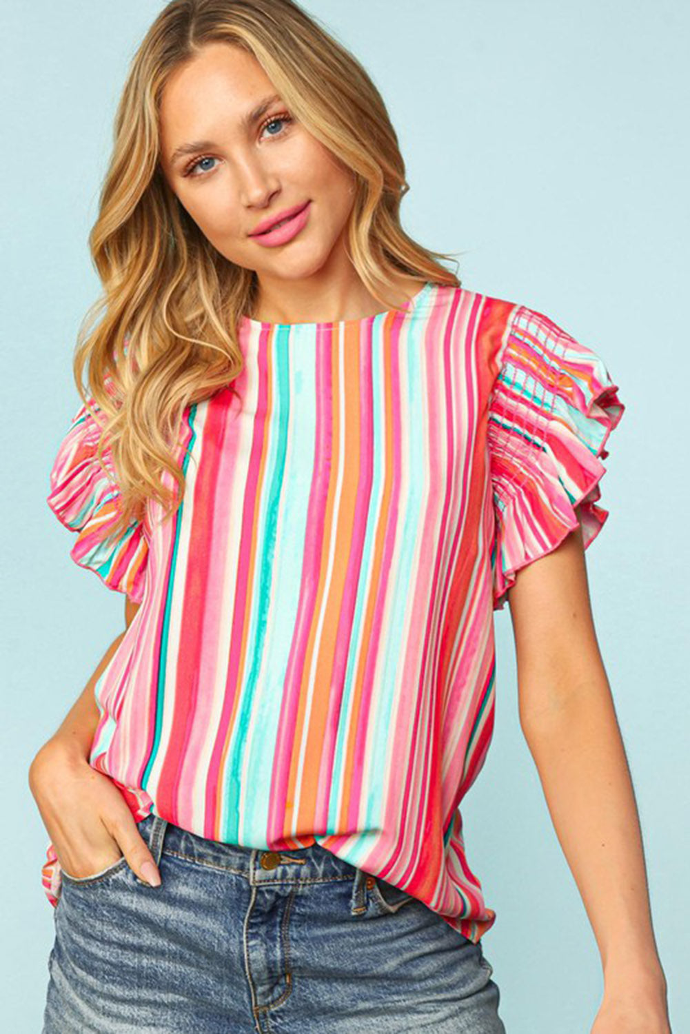 Multicolor Abstract Print Stitching Ruffle Sleeve Blouse