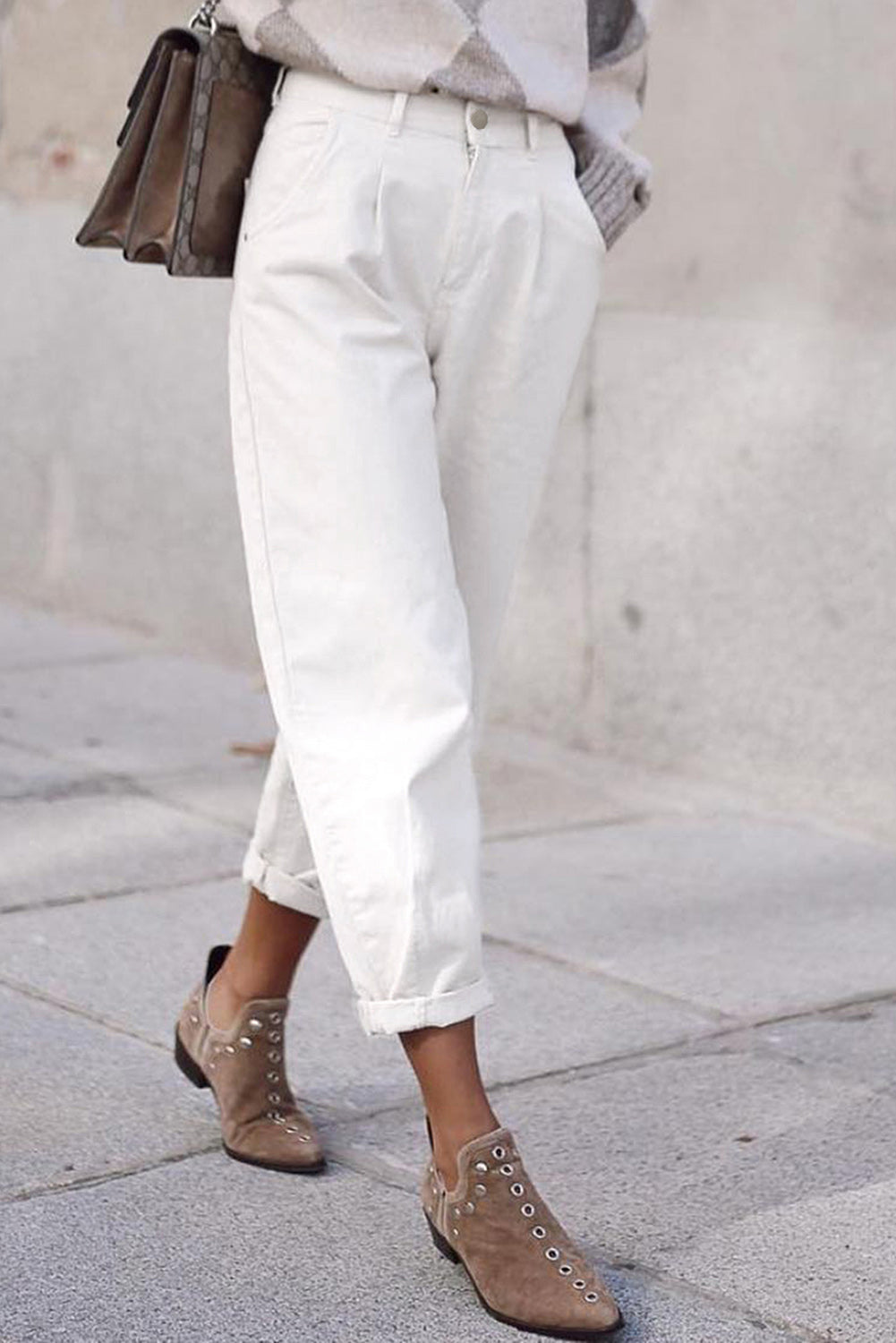 White Solid High Waist Casual Pants