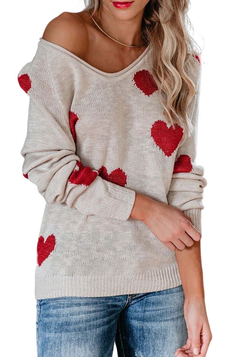 Red Heart Pattern V Neck Knit Sweater