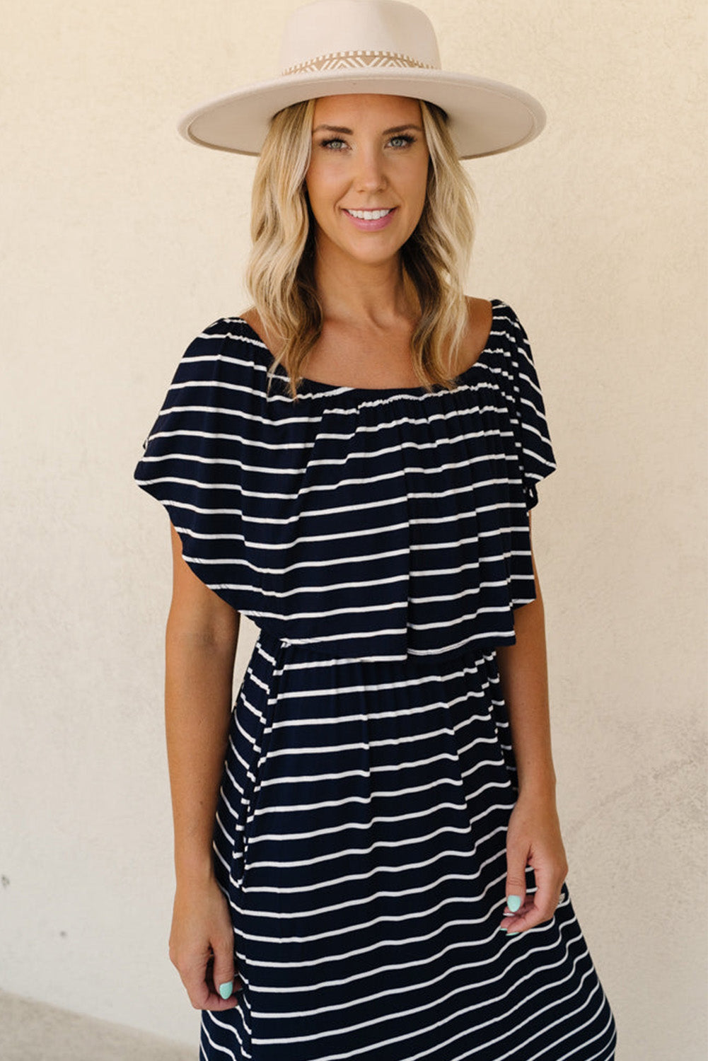 Blue Striped Print Ruffled High Waist Maxi Dress with Side Splits