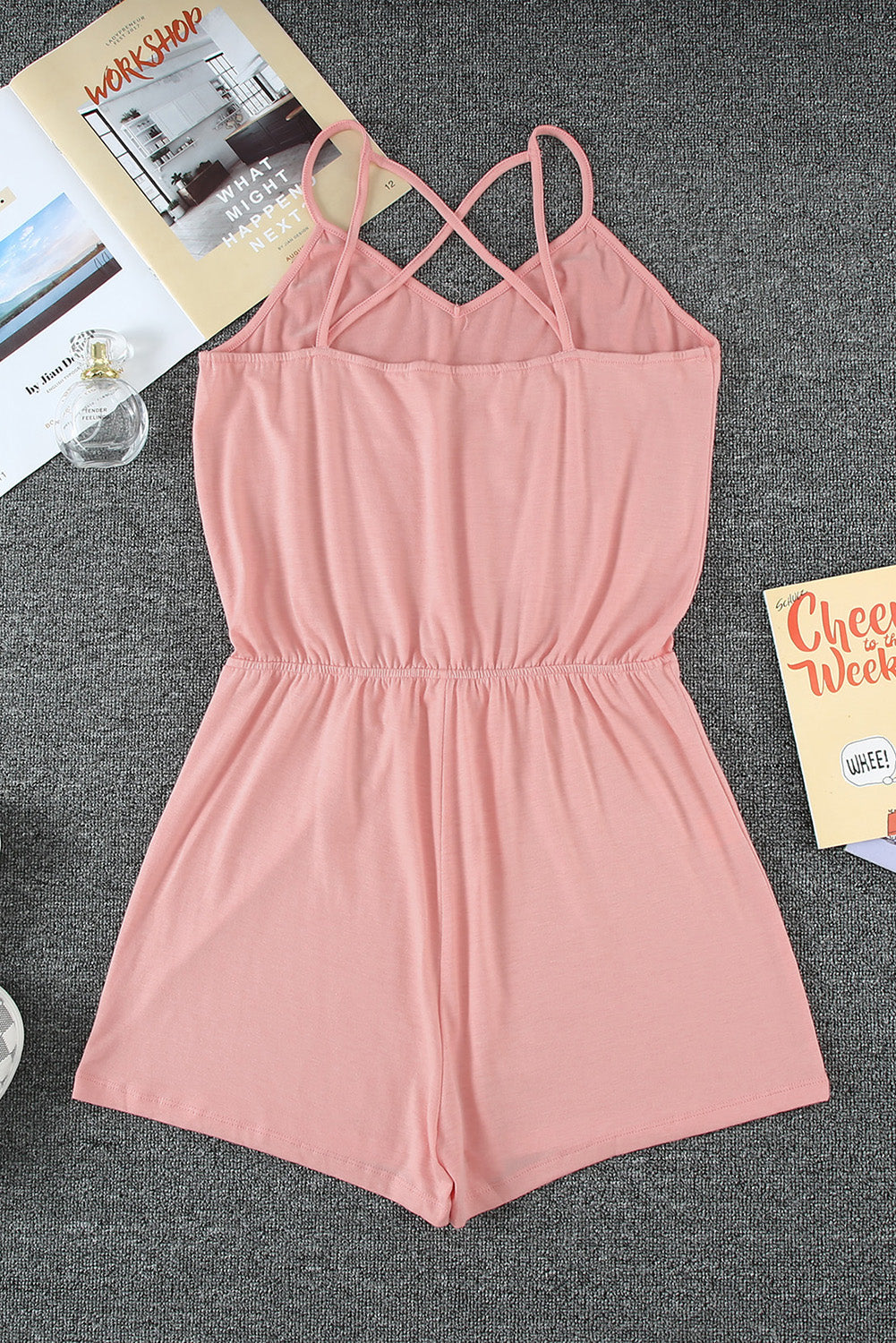 Pink Spaghetti Straps V Neck Crisscross Back Romper