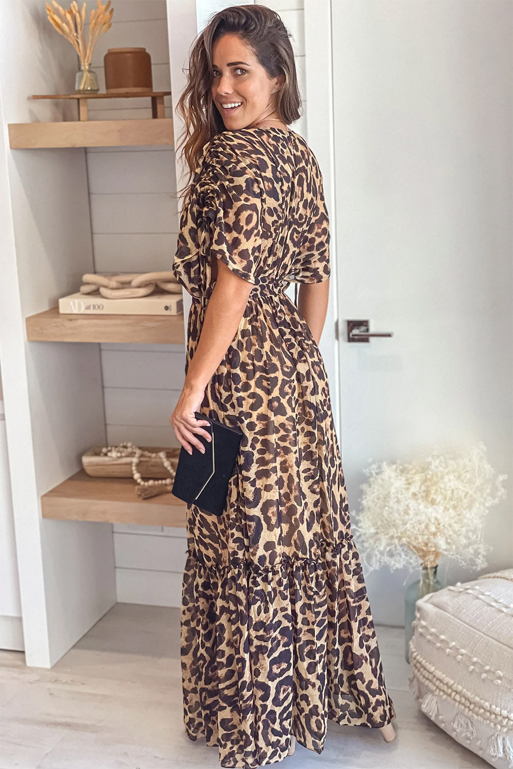 Leopard Print Drawstring V Neck High Waist Long Dress