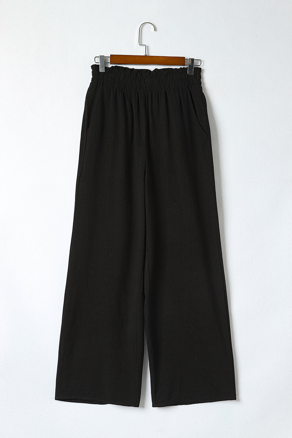 Black Wide Leg Elastic Waist Casual Pants with Pockets