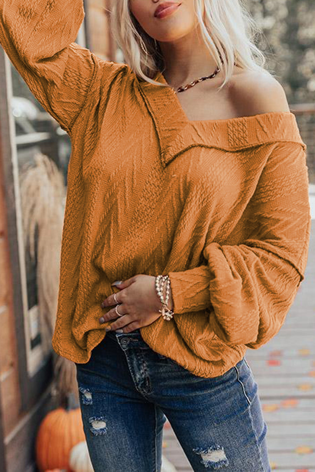 Orange Textured V Neck Long Sleeve Knit Top