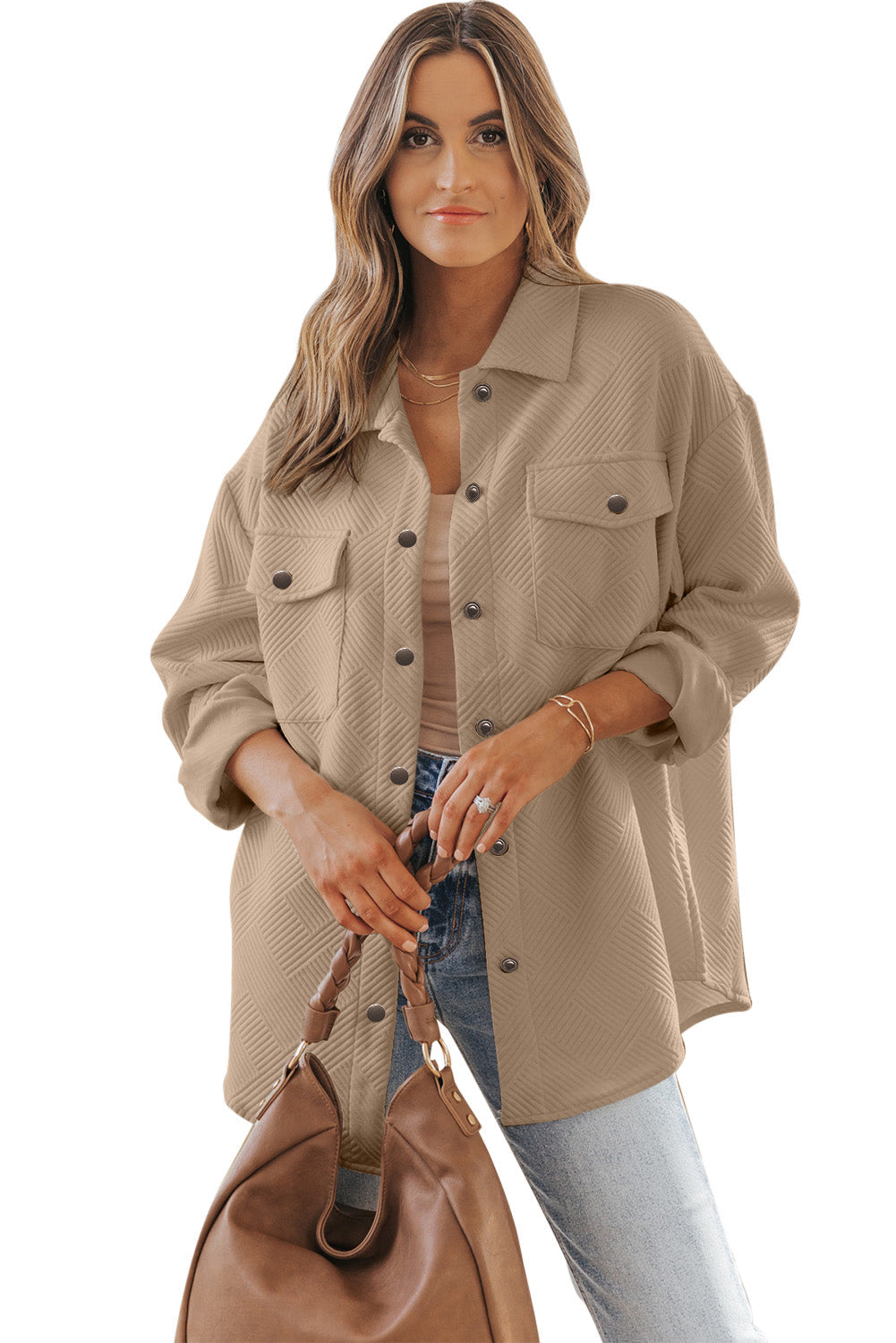 Khaki Solid Textured Flap Pocket Buttoned Shacket