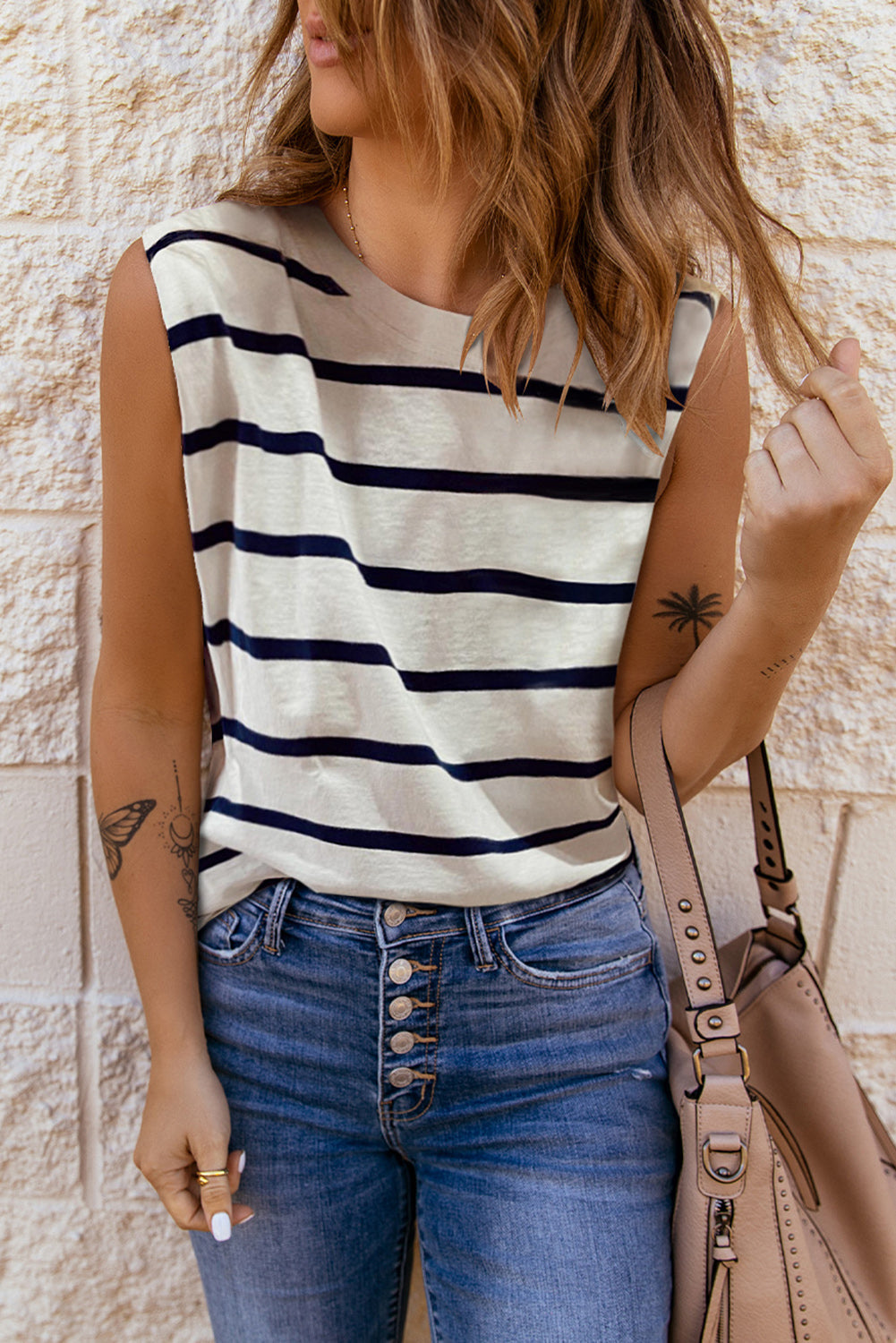 White Striped Print Shoulder Pads Boxy Tank Top