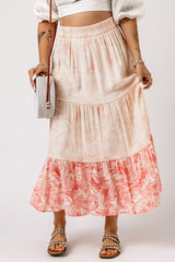 Pink Floral Print Ruffle Hem Tiered Maxi Skirt