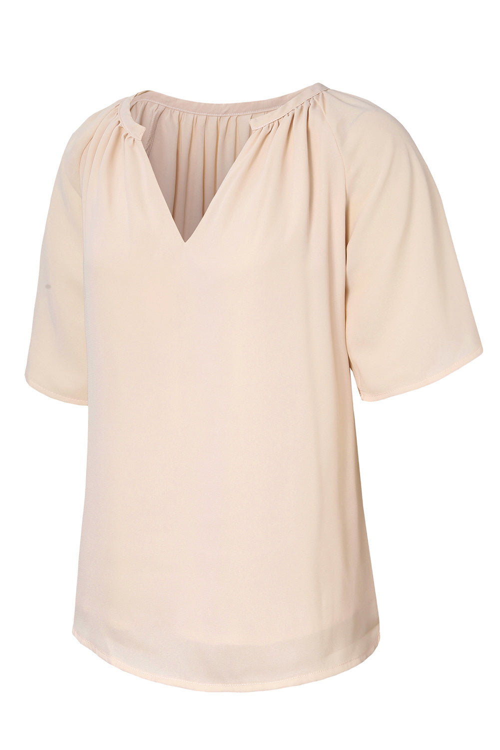 Beige Split Neck Pleated Loose Blouse