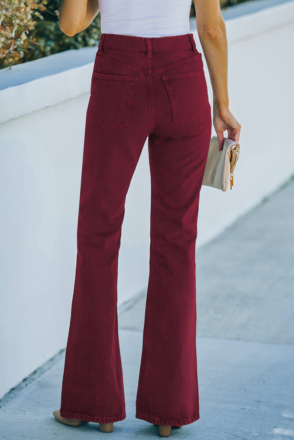 Burgundy High Waist Flare Jeans with Pockets