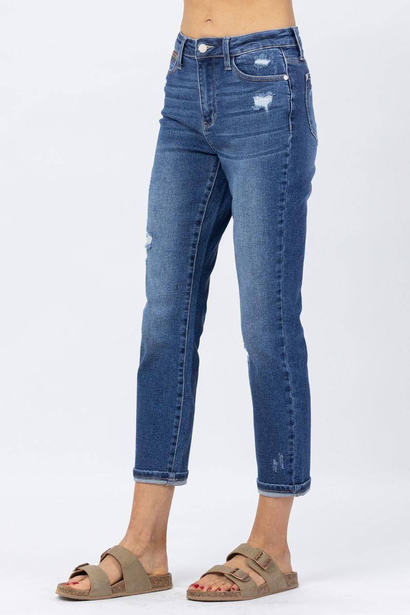 High Rise Rainbow Embroidery Cropped Straight Leg Jeans