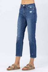 High Rise Rainbow Embroidery Cropped Straight Leg Jeans