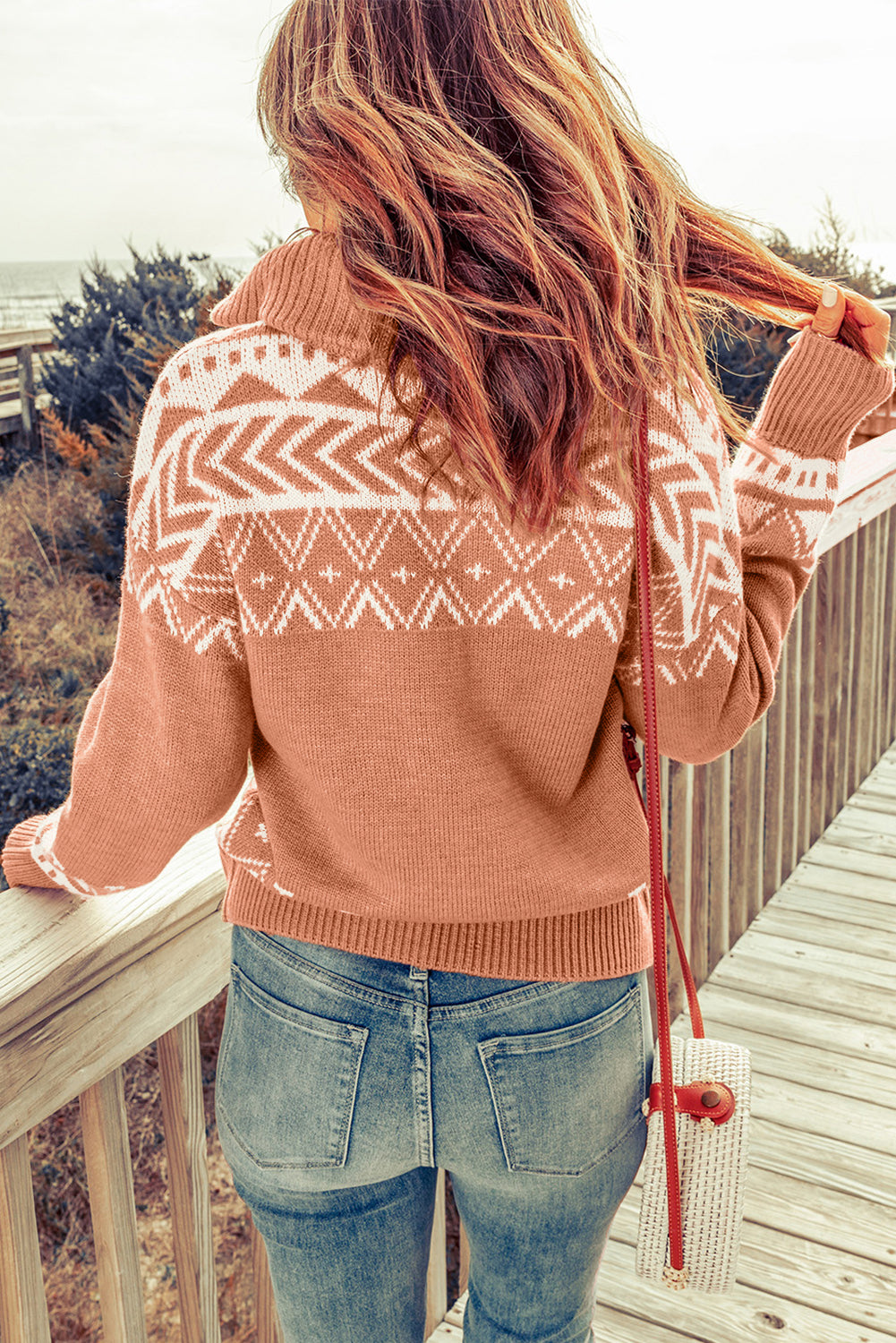 Blue Geometry Knit Quarter Zip Sweater