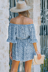 Blue Off Shoulder Bell Sleeves Floral Romper