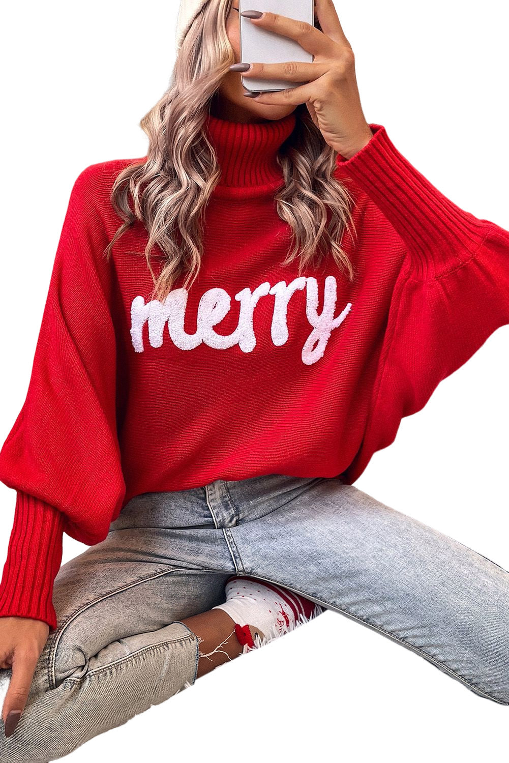 Rose Merry Letter Embroidered High Neck Sweater