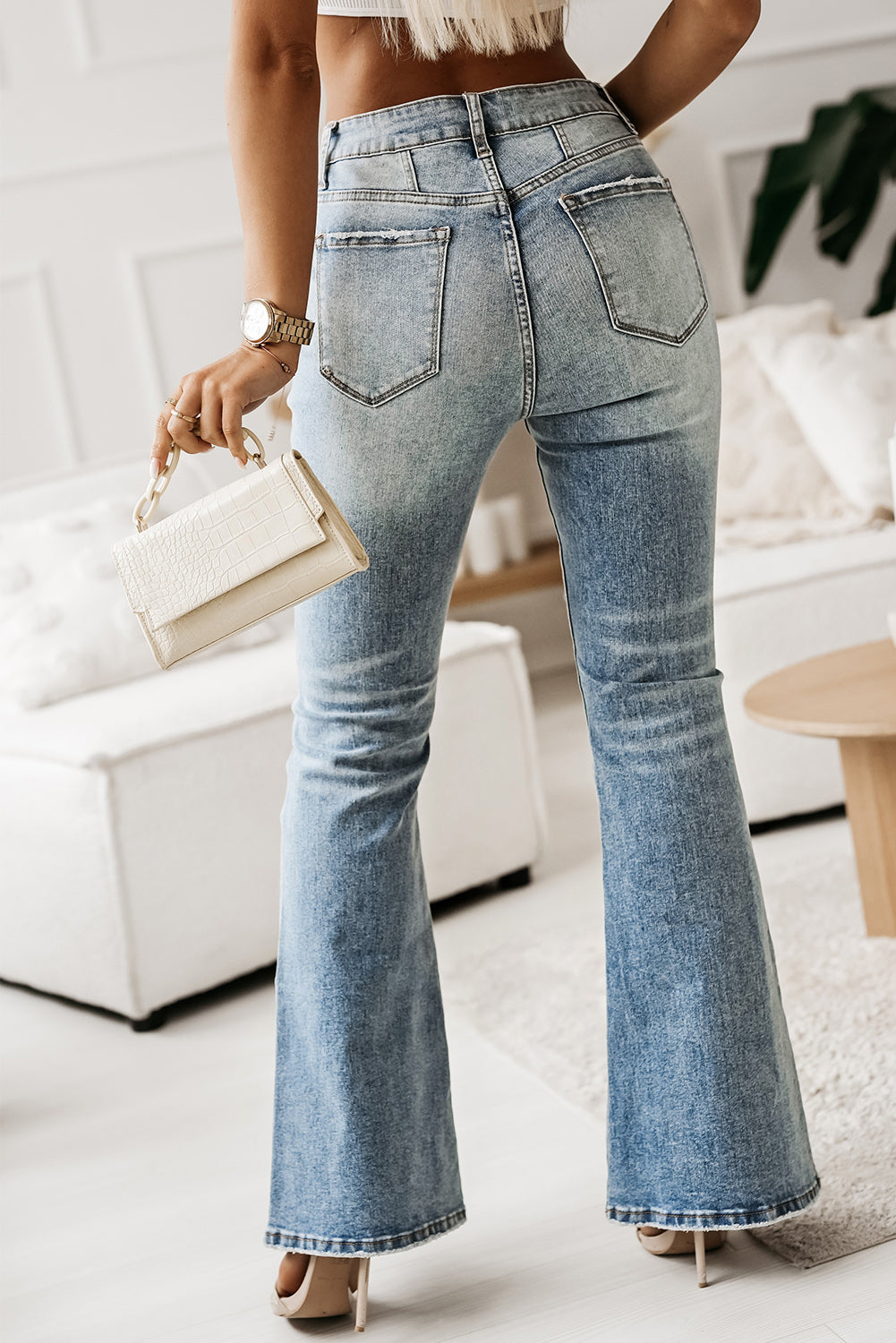 Sky Blue Button Fly Seamed Flare Jeans