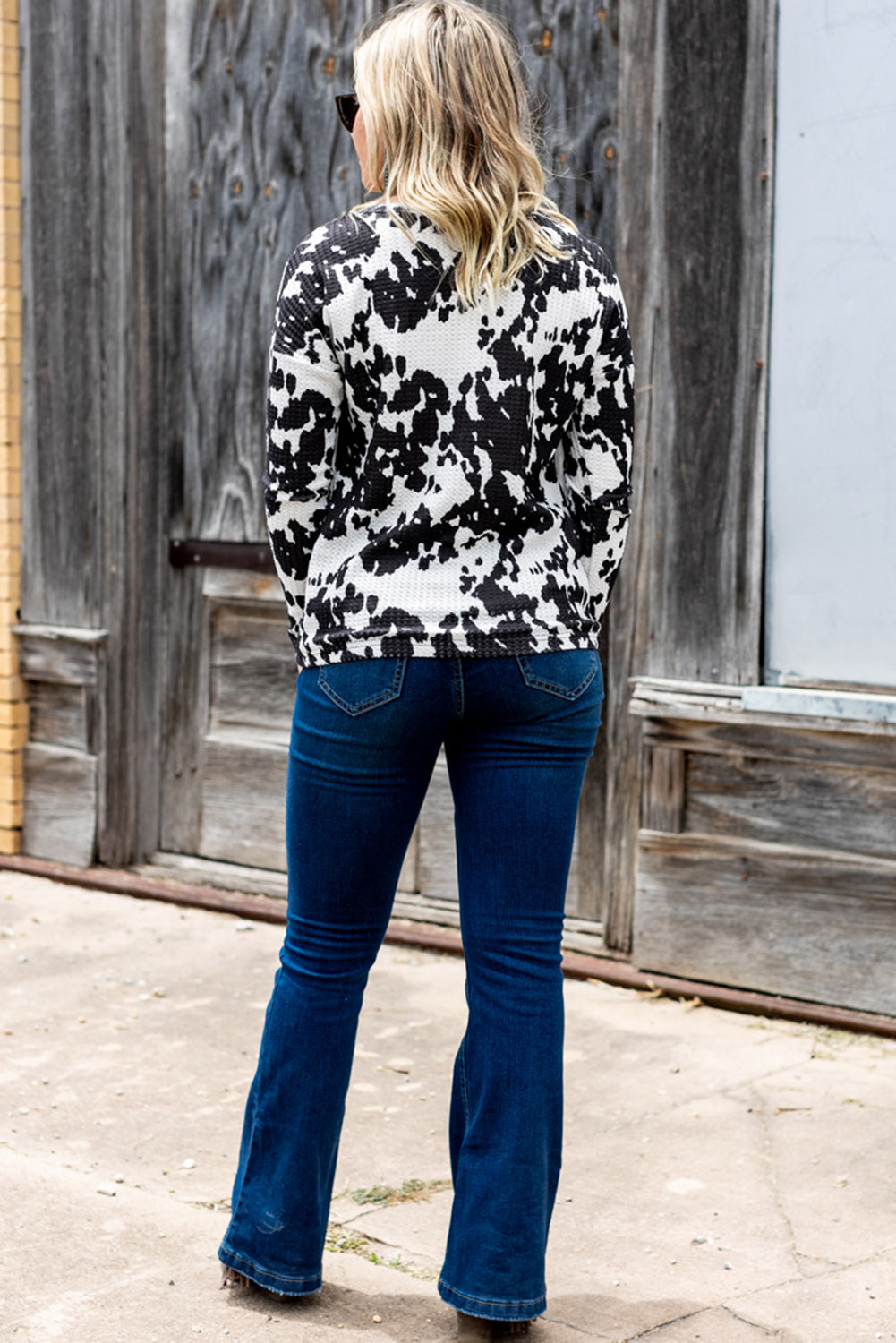 Cow Print U Neck Long Sleeve Top