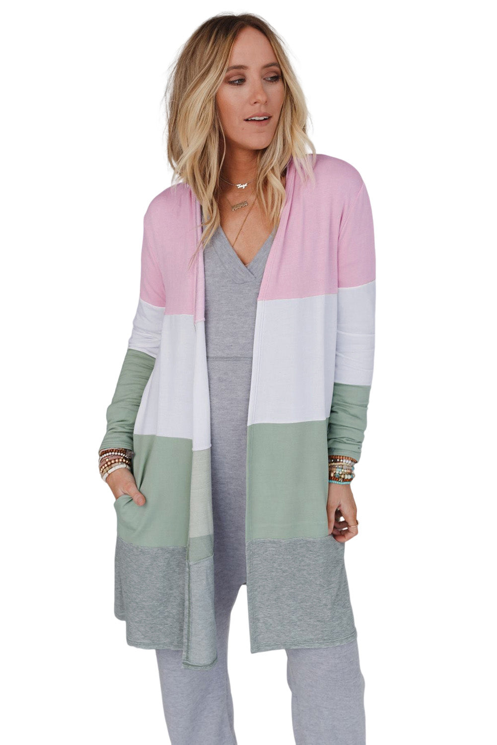 Pink Plus Size Colorblock Open Front Cardigan