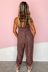 Brown Dotty Printed Puffy Trouser Legs Sleeveless Jumpsuit