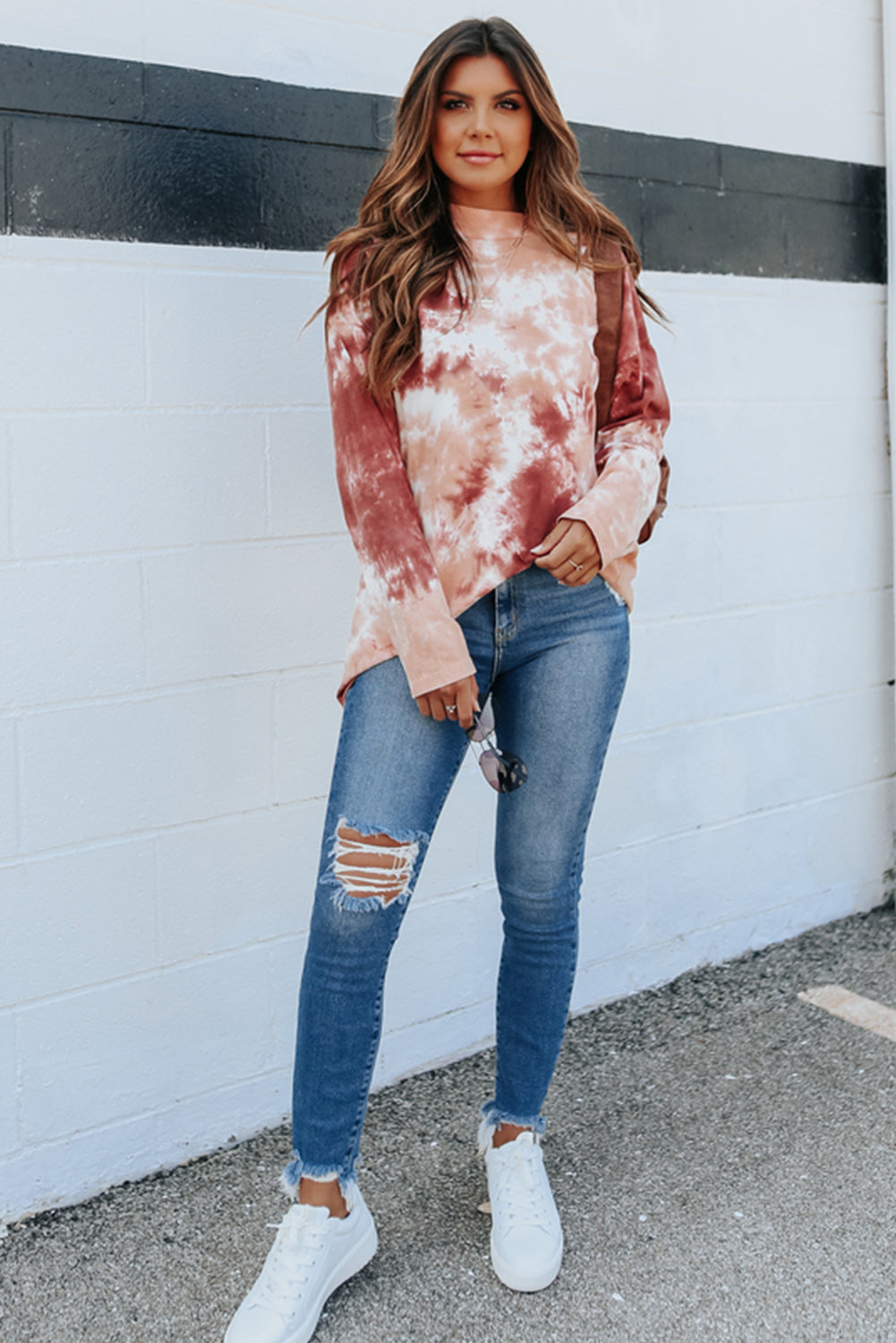 Red Tie Dye Crew Neck Long Sleeve Top