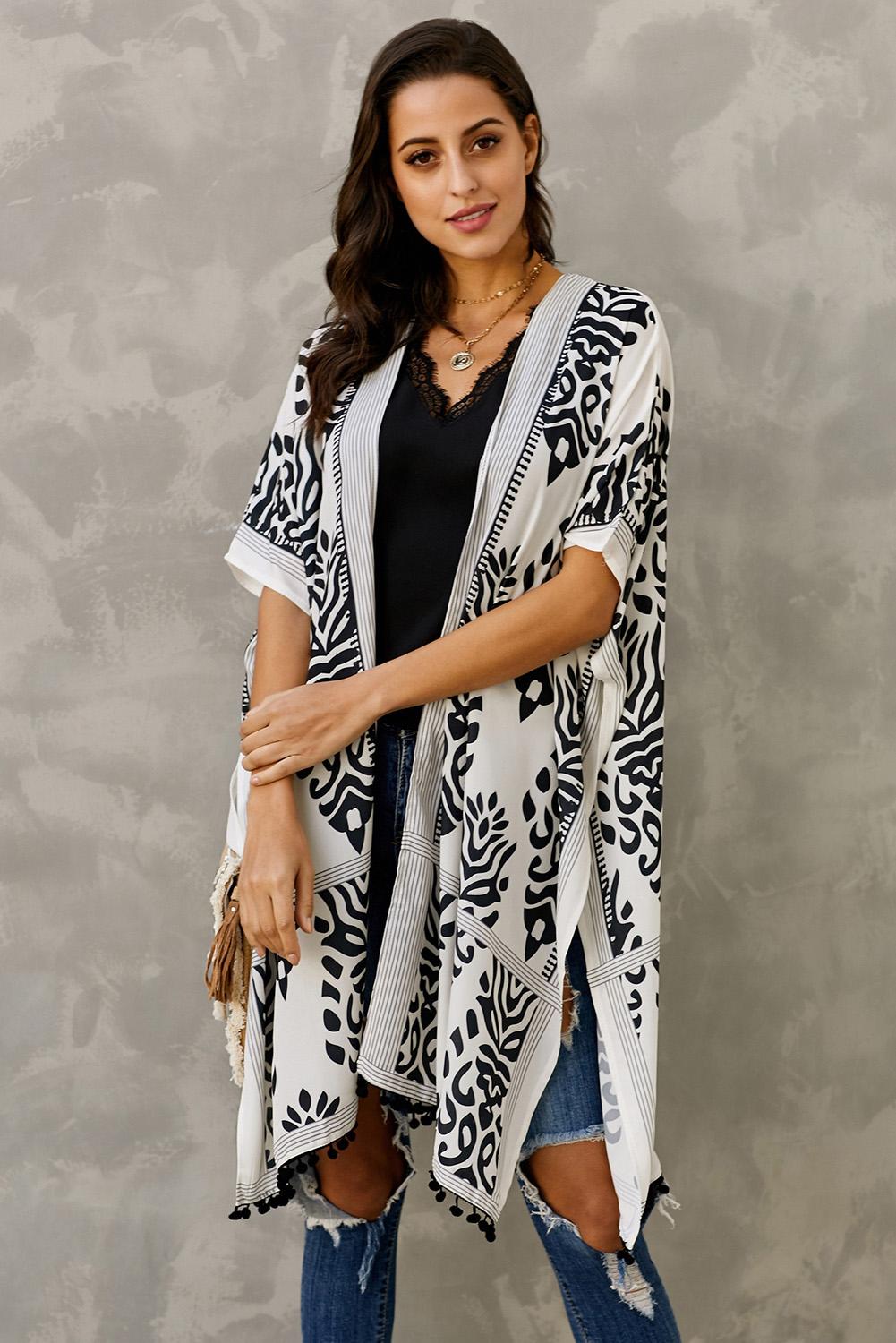 Black Prowess Pom Pom Kimono