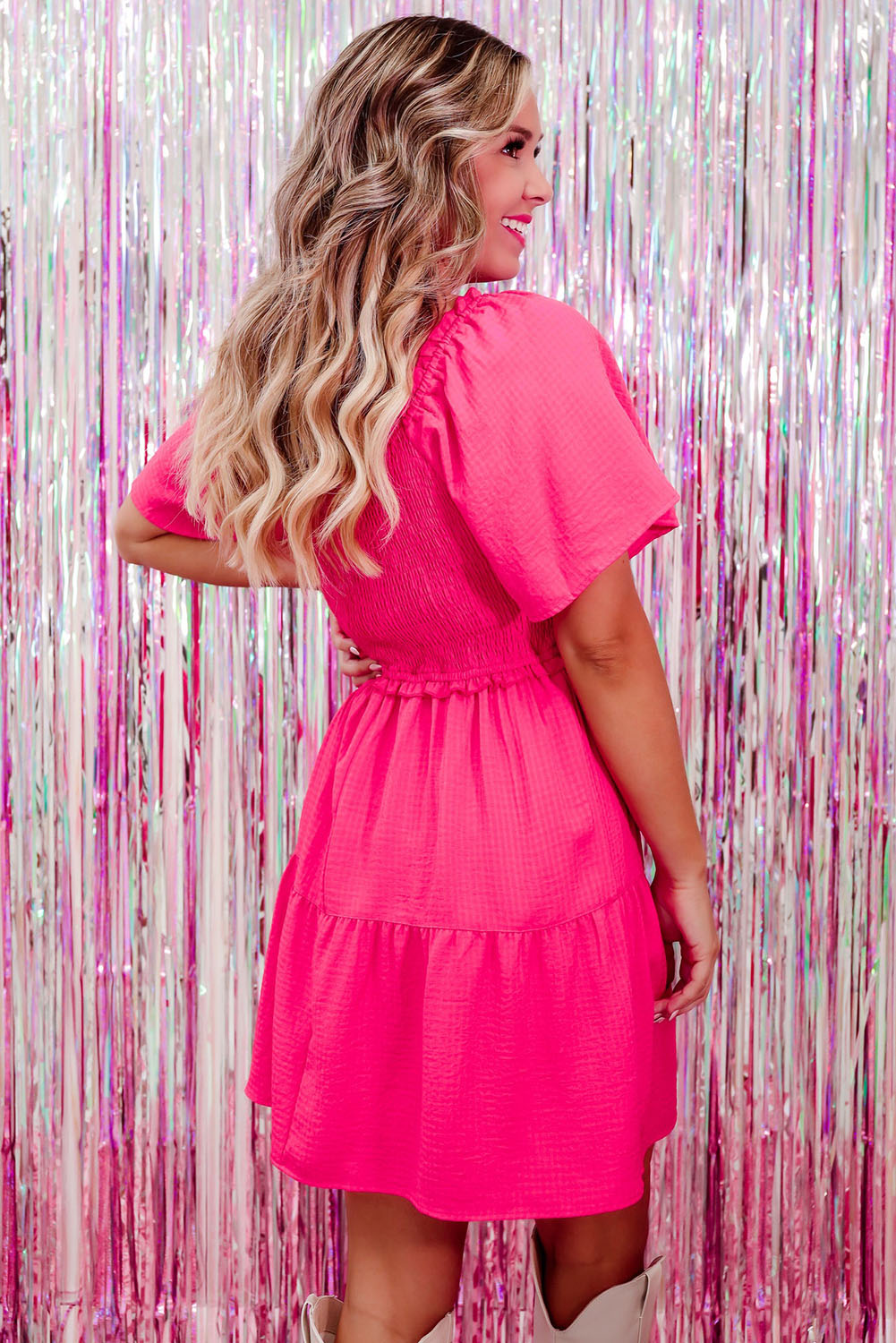 Rose Crossover Smocked Flutter Sleeve Mini Dress