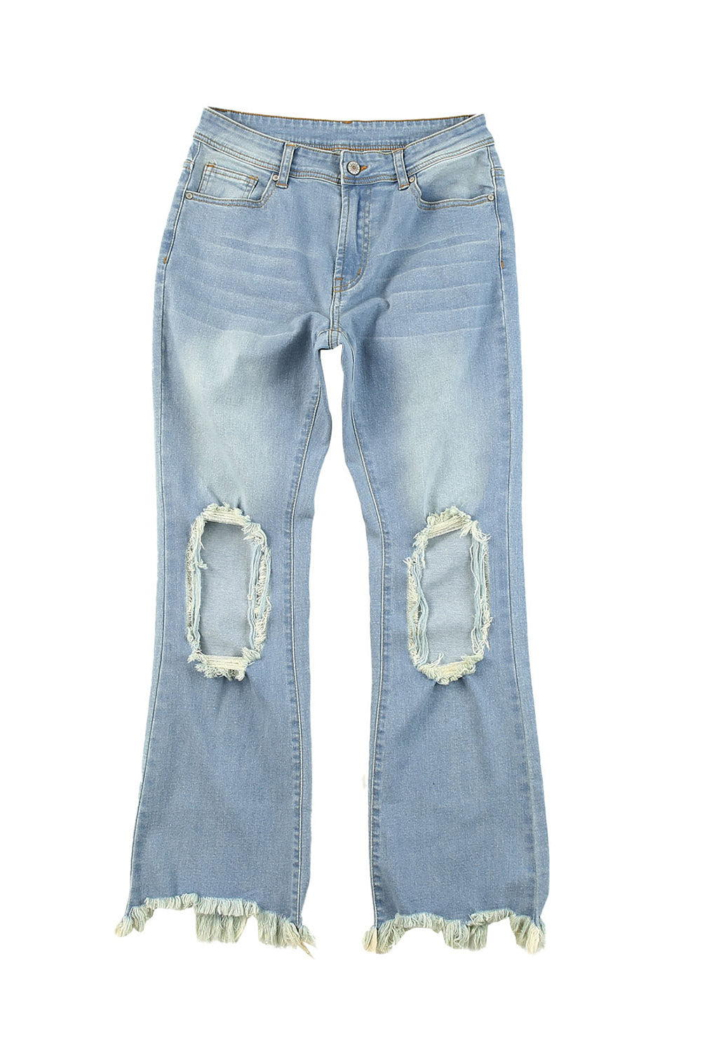 Sky Blue Distressed Knee Holes Straight Leg Jeans