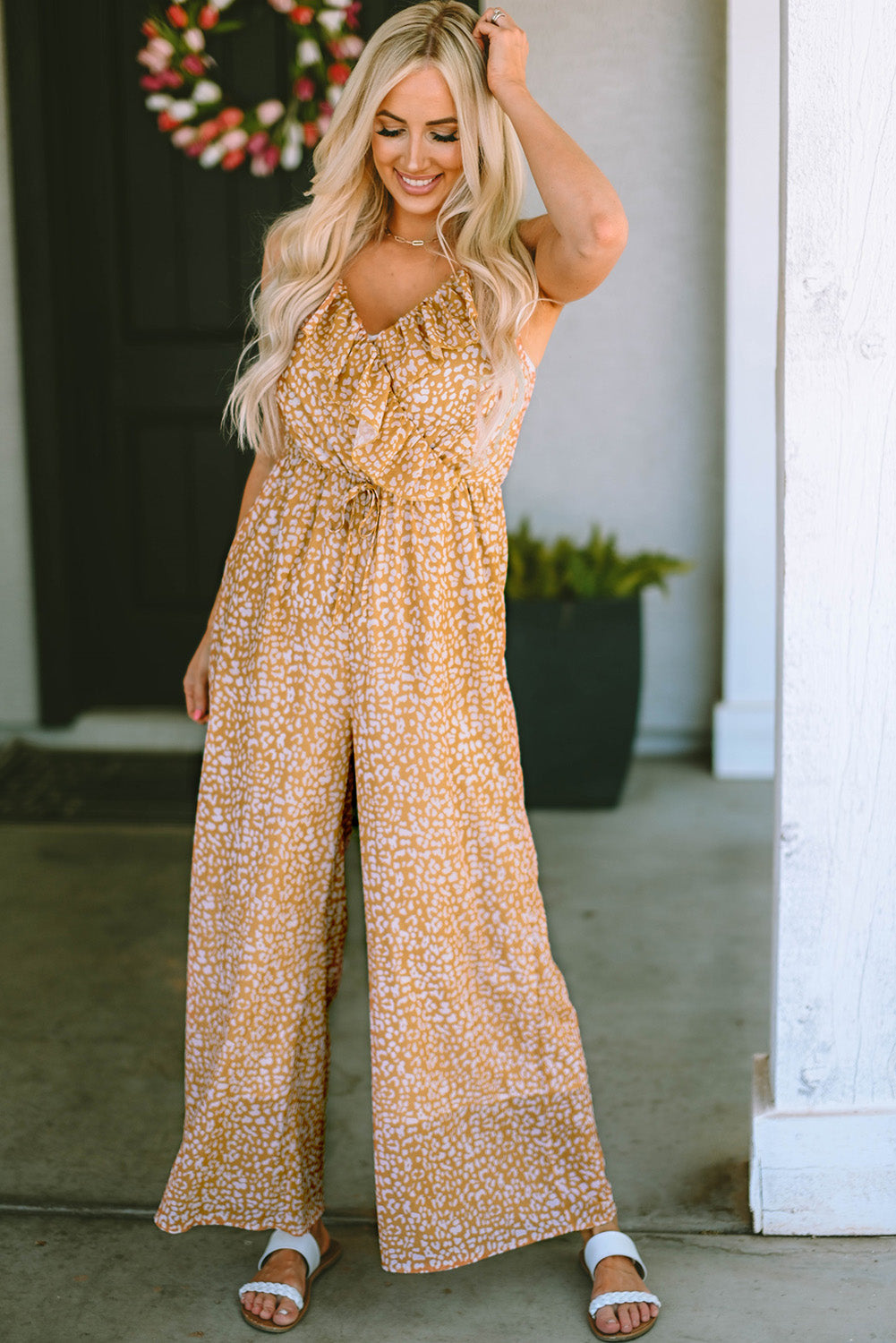 Yellow Leopard Print Drawstring Ruffled V Neck Jumpsuit