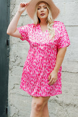 Pink Leopard Print V Neck Plus Size Babydoll Mini Dress