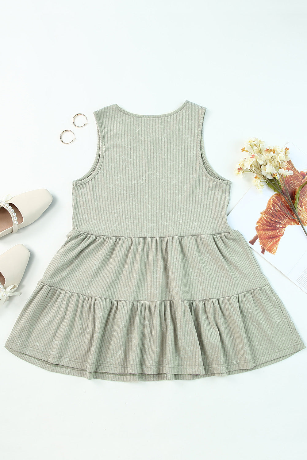 Green Ribbed Knit Sleeveless Tiered Ruffle Flowy Tank Top