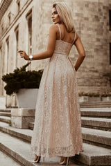 Apricot Spaghetti Strap V-Neck Lace Maxi Dress