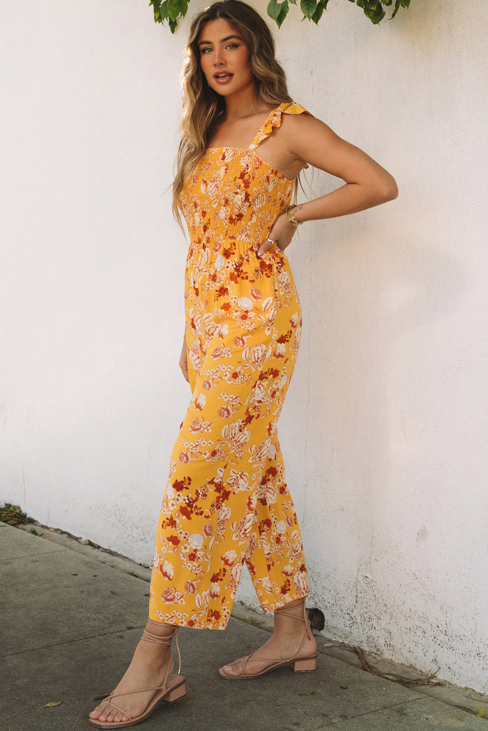 Yellow Floral Print Ruffle Shoulder Smocked Wide Leg Jumpsuit