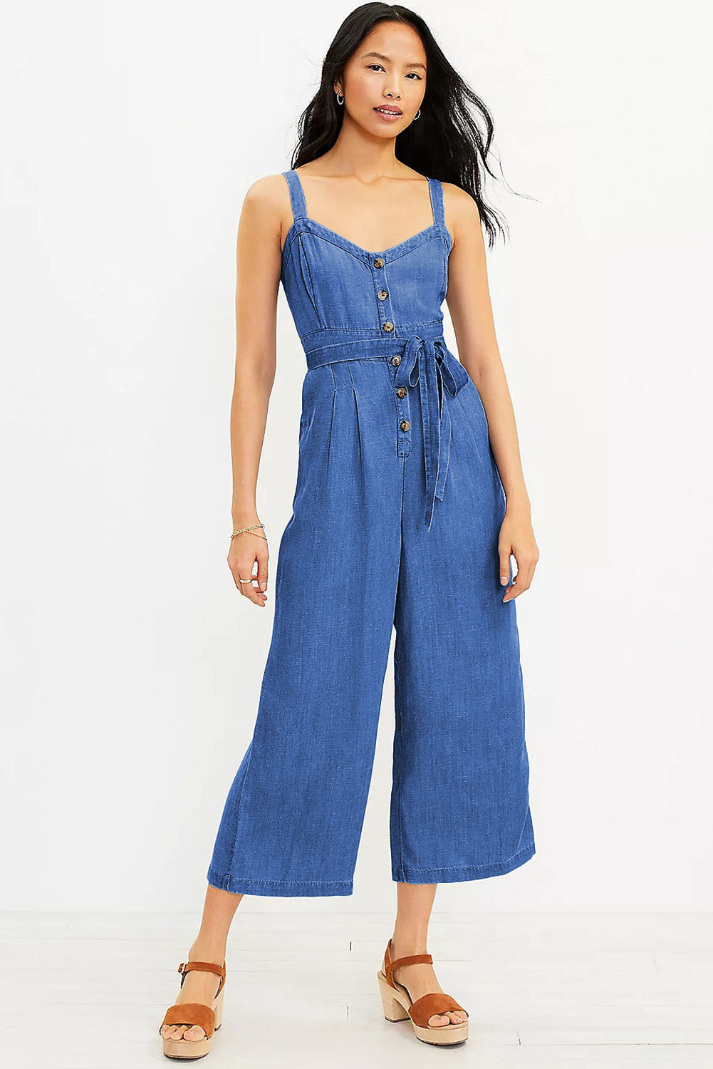 Sky Blue Buttoned Wide Leg Belted Chambray Strappy Jumpsuit