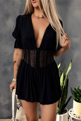 Black Sheer Lace Cutout Scalloped V Neck Romper