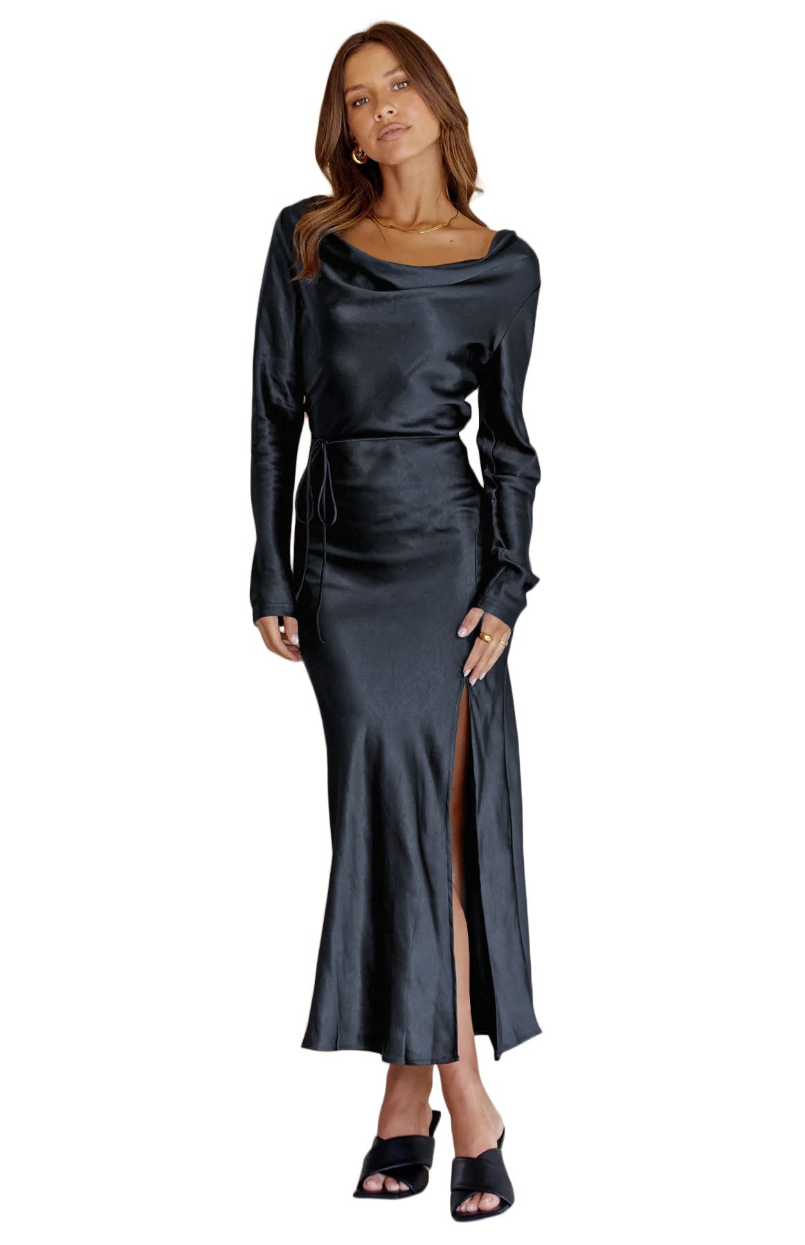 Black Drape Neck Tie Waist Long Sleeve Slit Dress