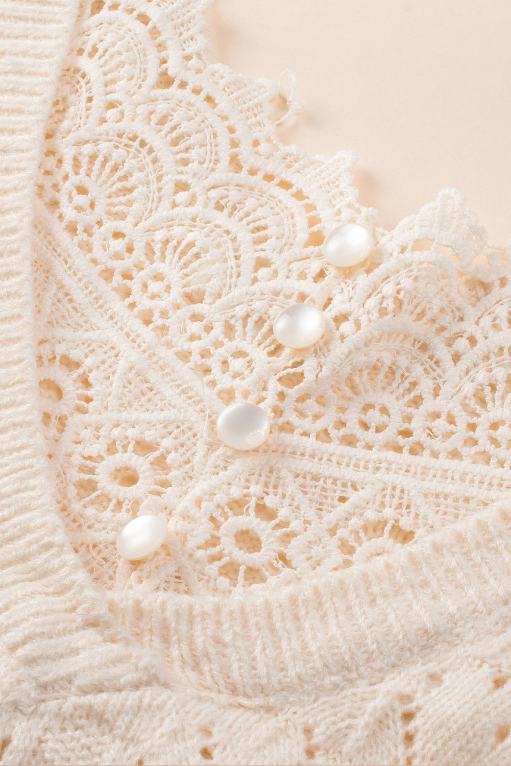 Beige Buttoned Lace Patchwork Hollow Knit Sweater