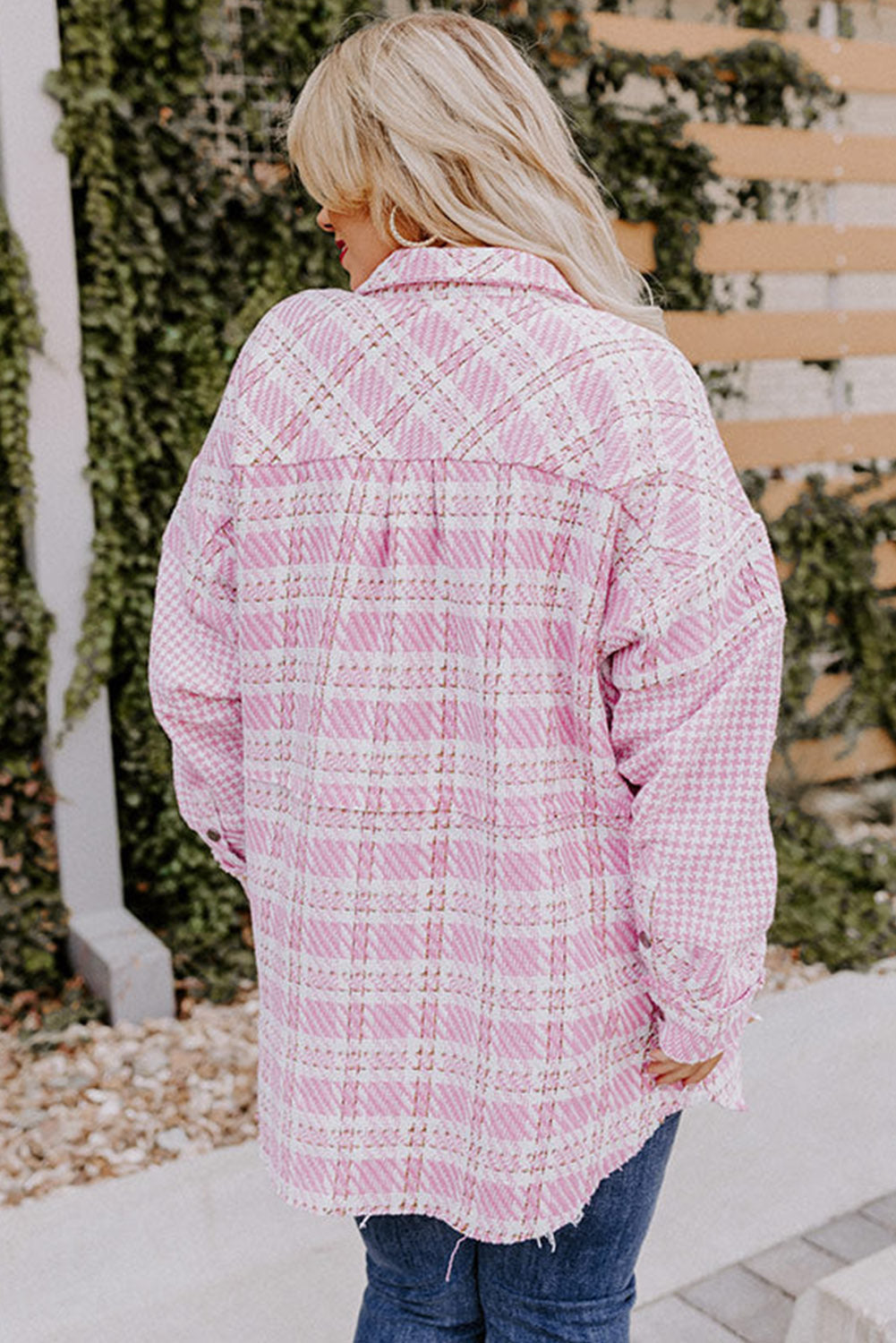 Pink Plus Size Tweed Plaid Houndstooth Print Jacket