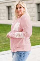 Pink Lace Patchwork Waffle Knit Plus Size Blouse