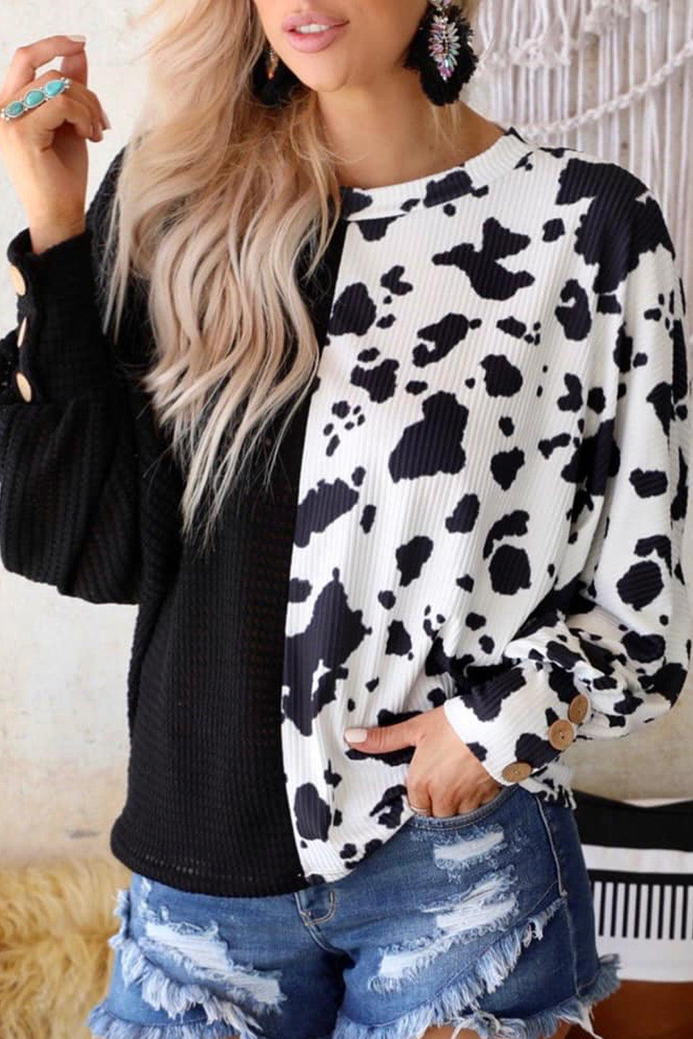 Black Cow Patchwork Waffle Knit Long Sleeve Top