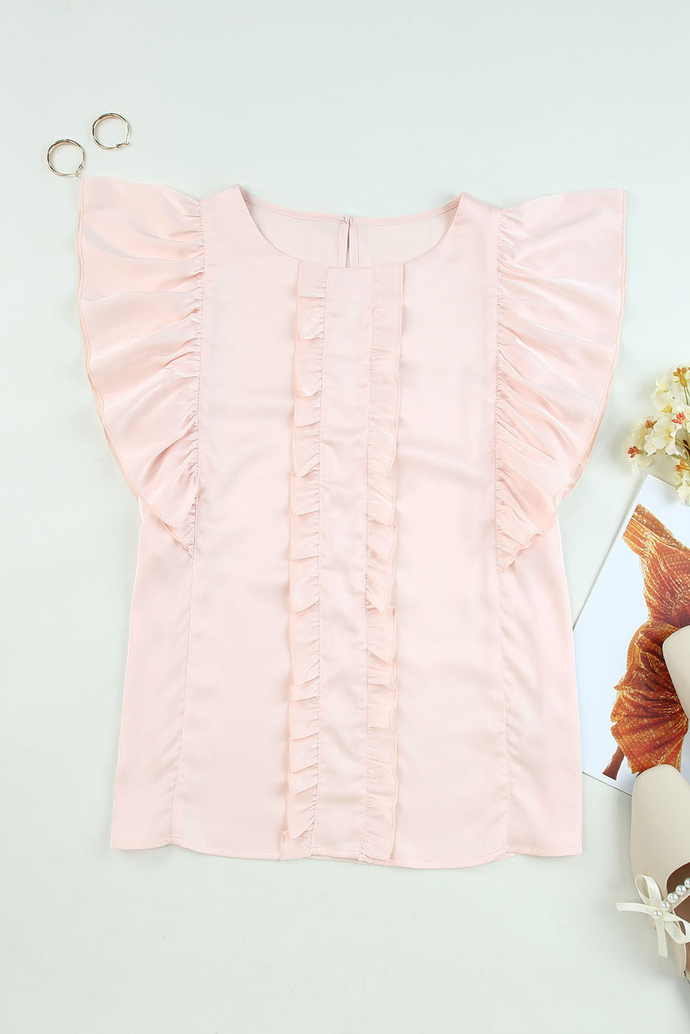 Apricot Round Neck Ruffle Short Sleeve Top