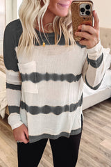 Gray Tie Dye Striped Loose Knitted Long Sleeve Top with Slits